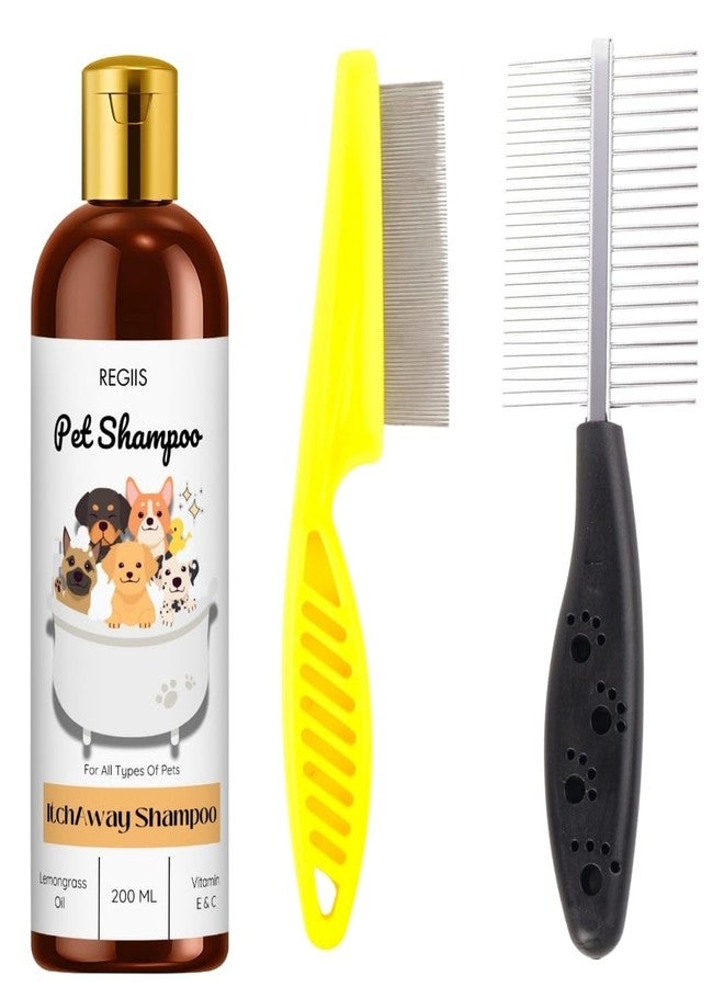 مجموعة شامبو ريجيس للحيوانات الأليفة مع فرش للعناية، زيت عشبة الليمون وفيتامين هـ، 200 مل، تركيبة مضادة للحكة لجميع أنواع الحيوانات الأليفة (عبوة من 3 قطع) - Image 1